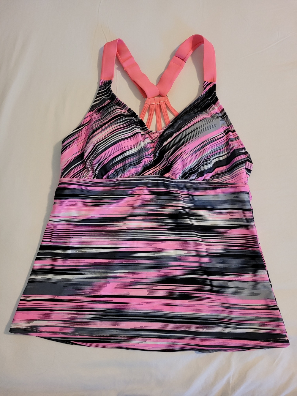Pink & Black Striped Women’s Tankini Top with Strappy Back